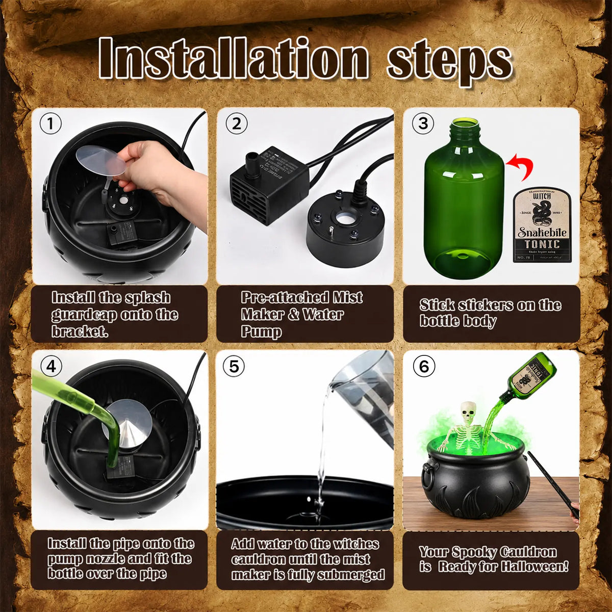 Halloween witch cauldron decoration with rolling green fog, product image 2