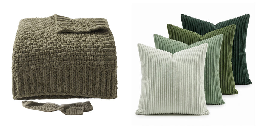 The Cozy Living Set — Fern throw and Sorrel pillows, studio on white
