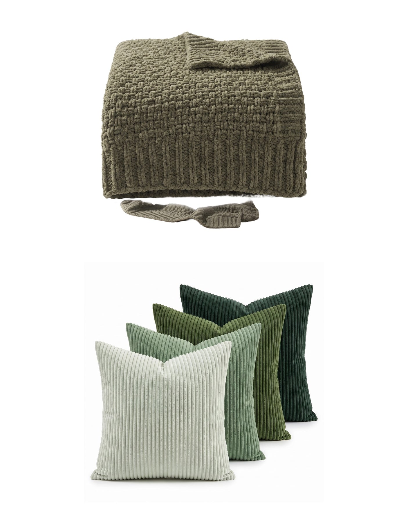 The Cozy Living Set — Fern throw and Sorrel pillows, studio on white