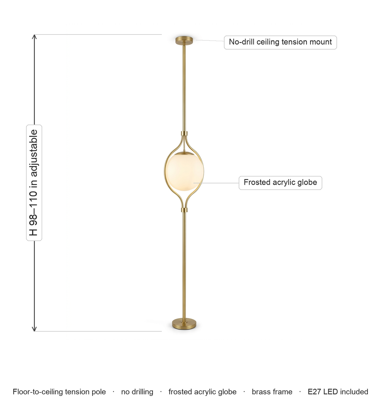 Elin floor-to-ceiling lamp dimensions diagram