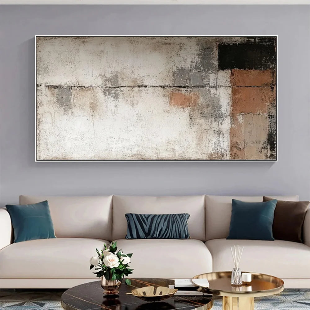 Abstraktes Wandbild mit geometrischen Linien, handgemalt
