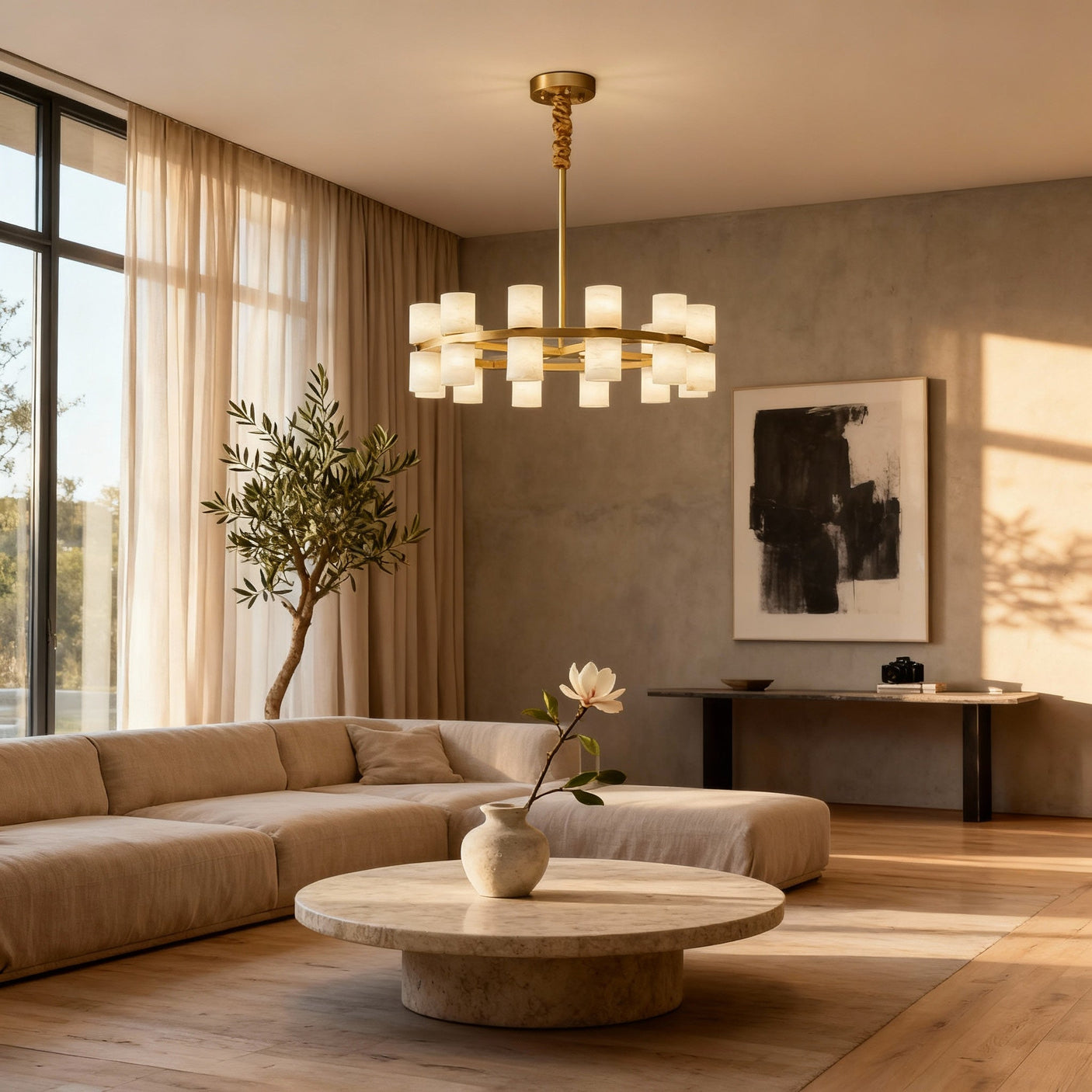 Enzo chandelier in a warm modern living room, room scene