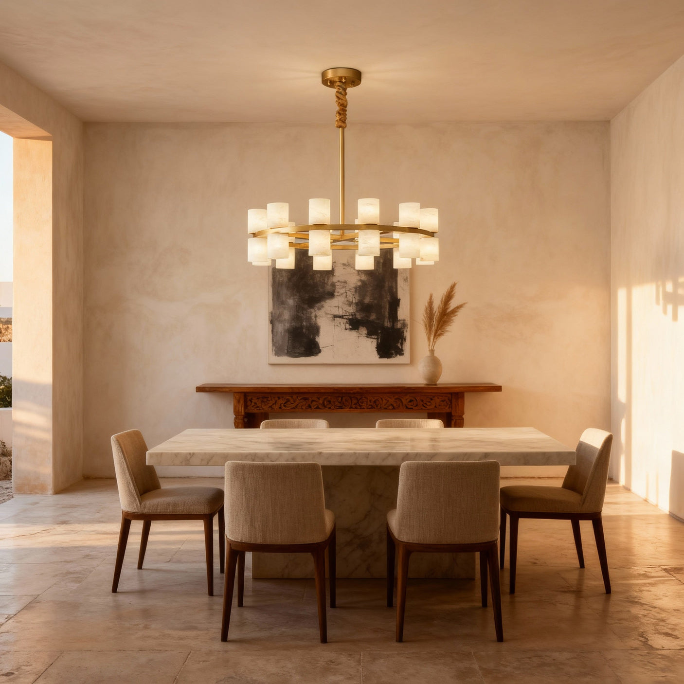 Enzo chandelier in a stone dining room, room scene