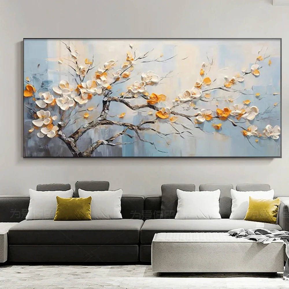 Abstraktes Wandbild, handgemalt auf Leinen, Blütenmotiv