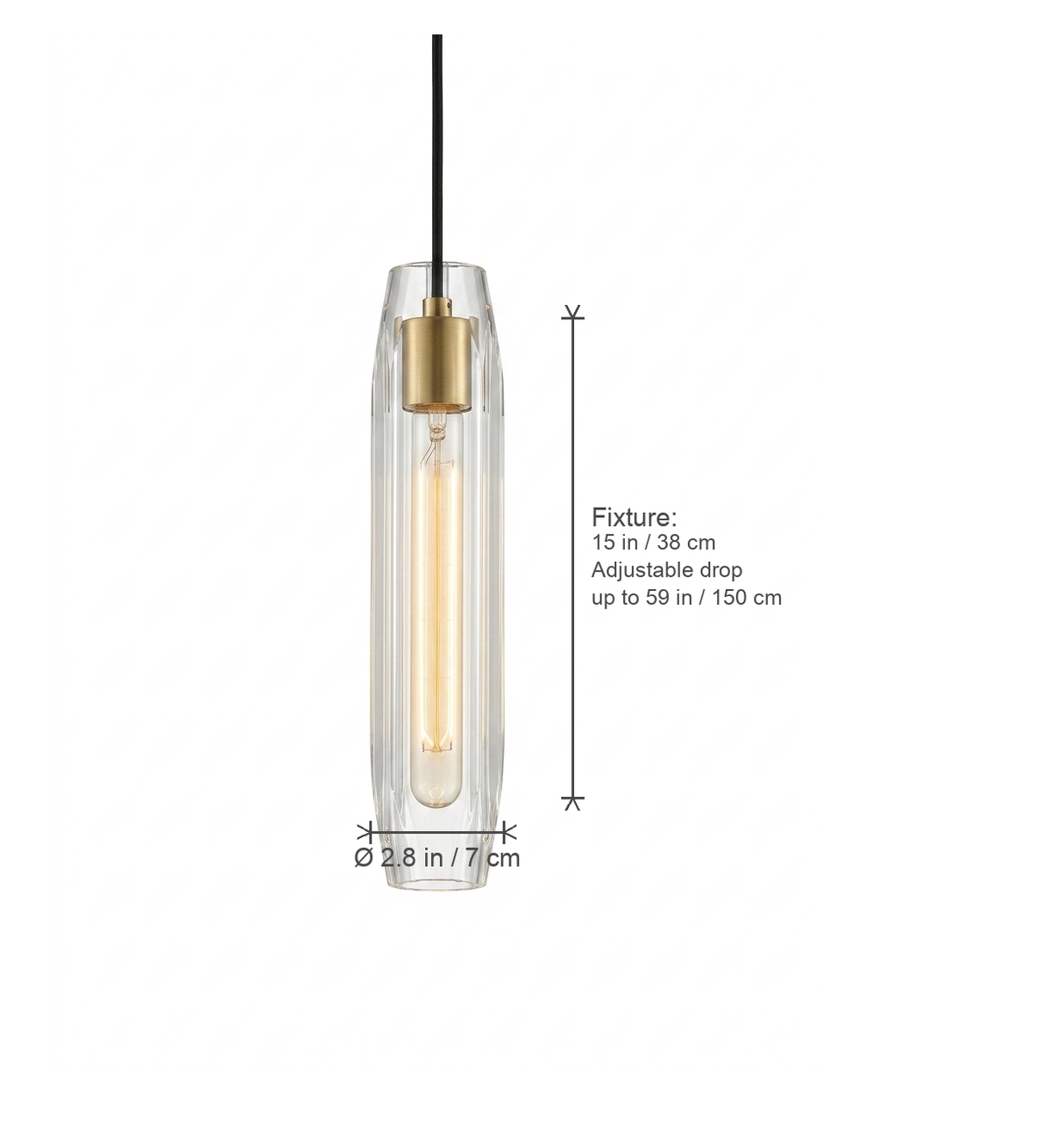 Ansel dimensions diagram — Ø 2.8 in fixture 15 in tall with adjustable drop