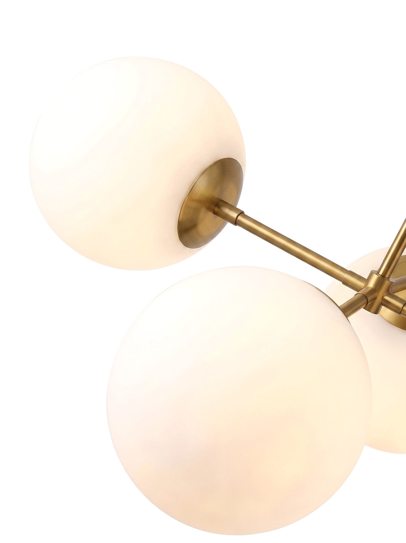 Astra two opal globes on brass arms, close-up on white