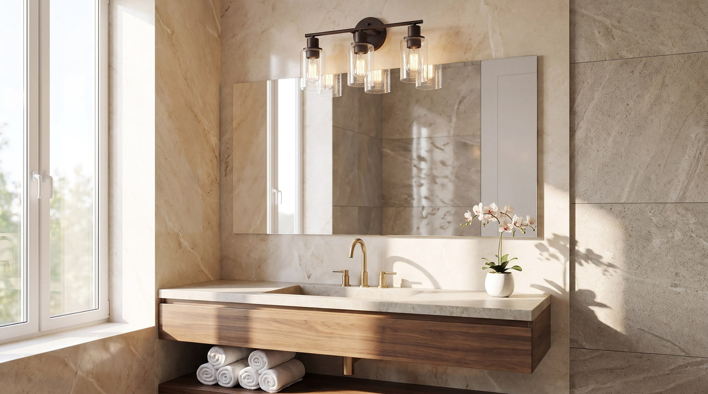 Bosco vanity light in a bright marble bathroom — lifestyle
