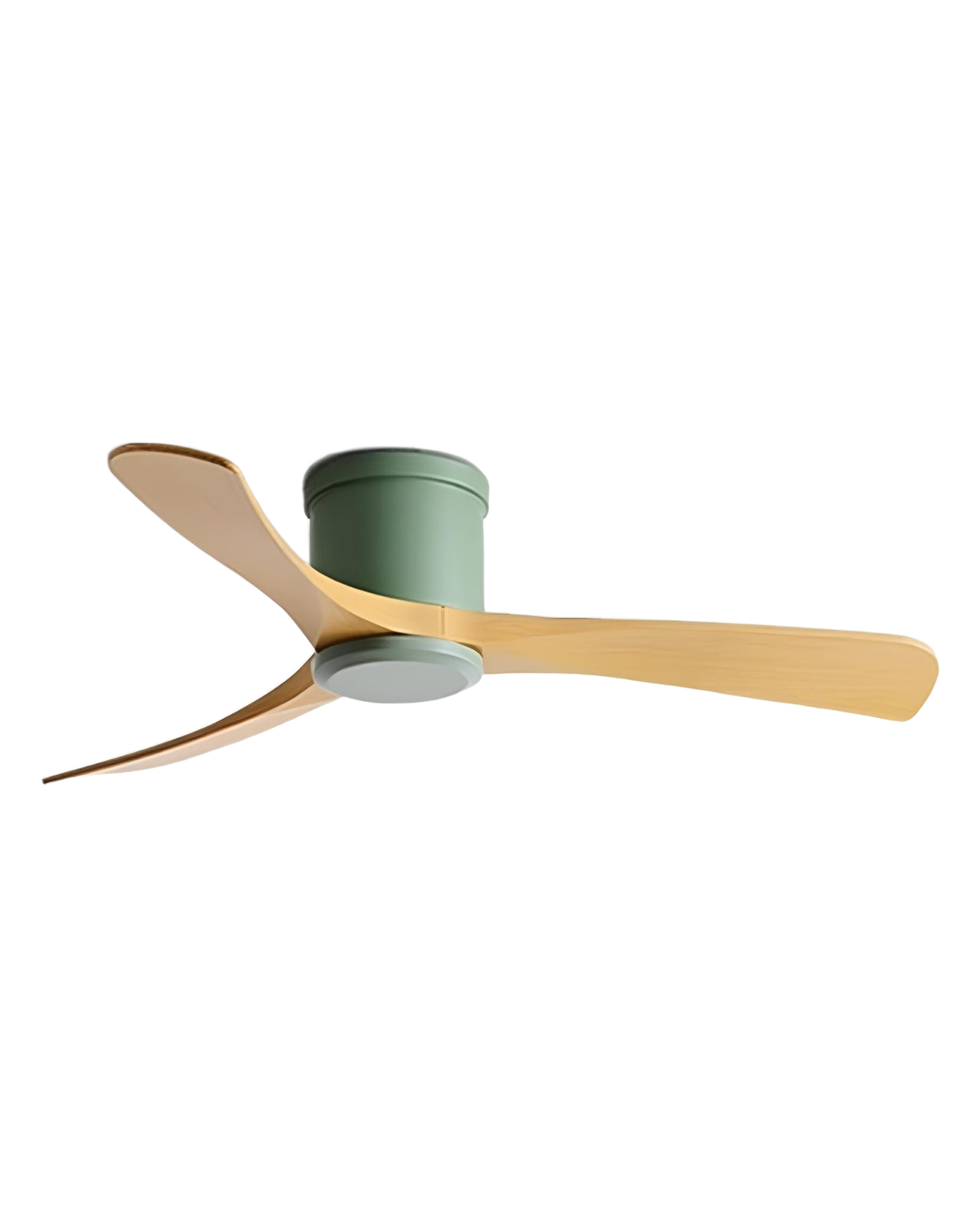 3-blade wood ceiling fan, oak blades with sage green motor, studio on white