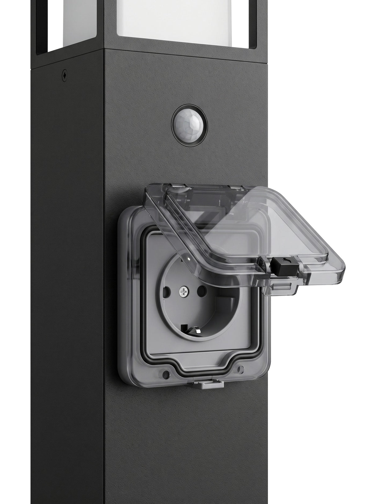 Close-up of the built-in weatherproof power socket and motion sensor