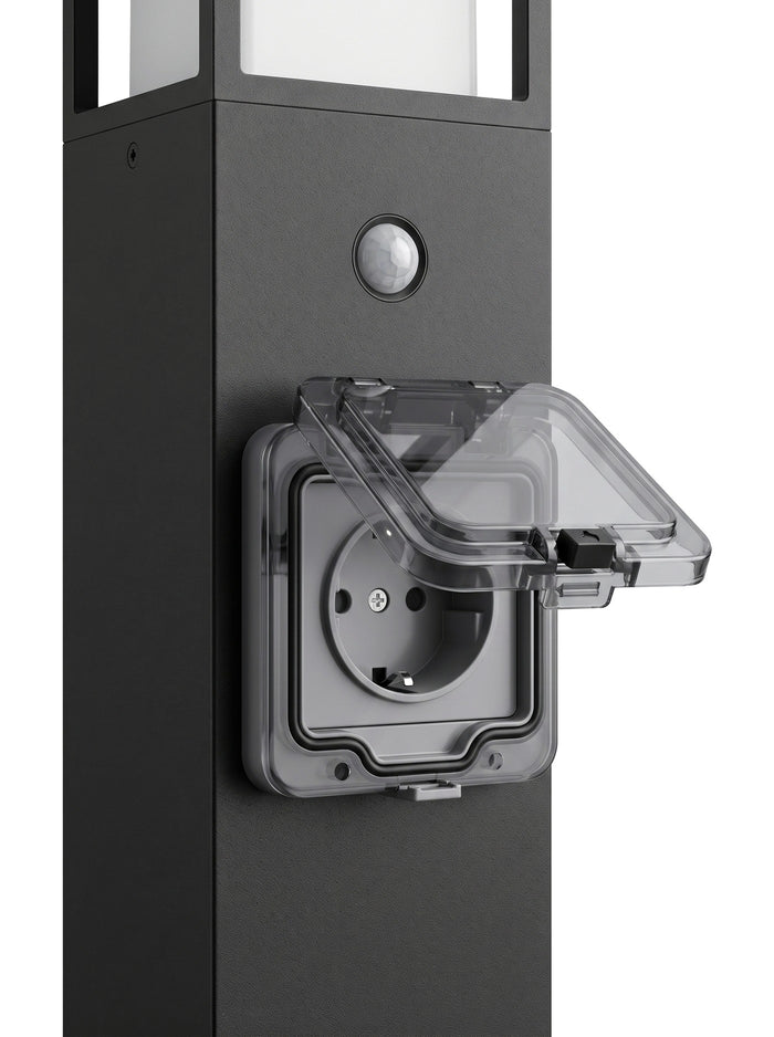 Close-up of the built-in weatherproof power socket and motion sensor