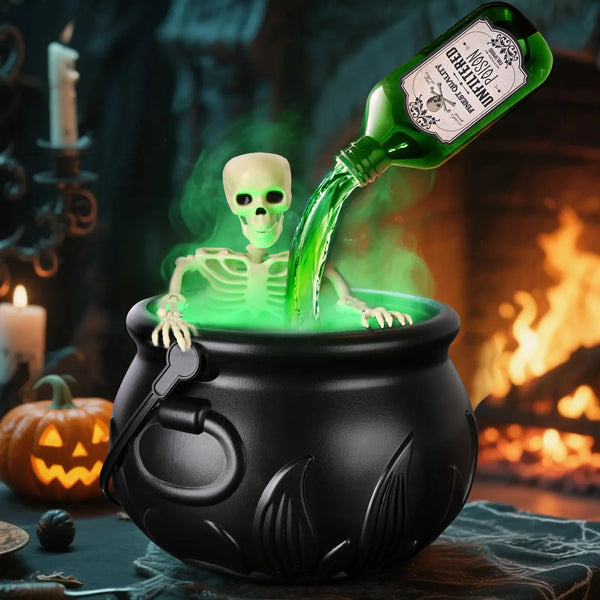 Halloween cauldron mist maker decor with floating potion bottle and green mist, hero view