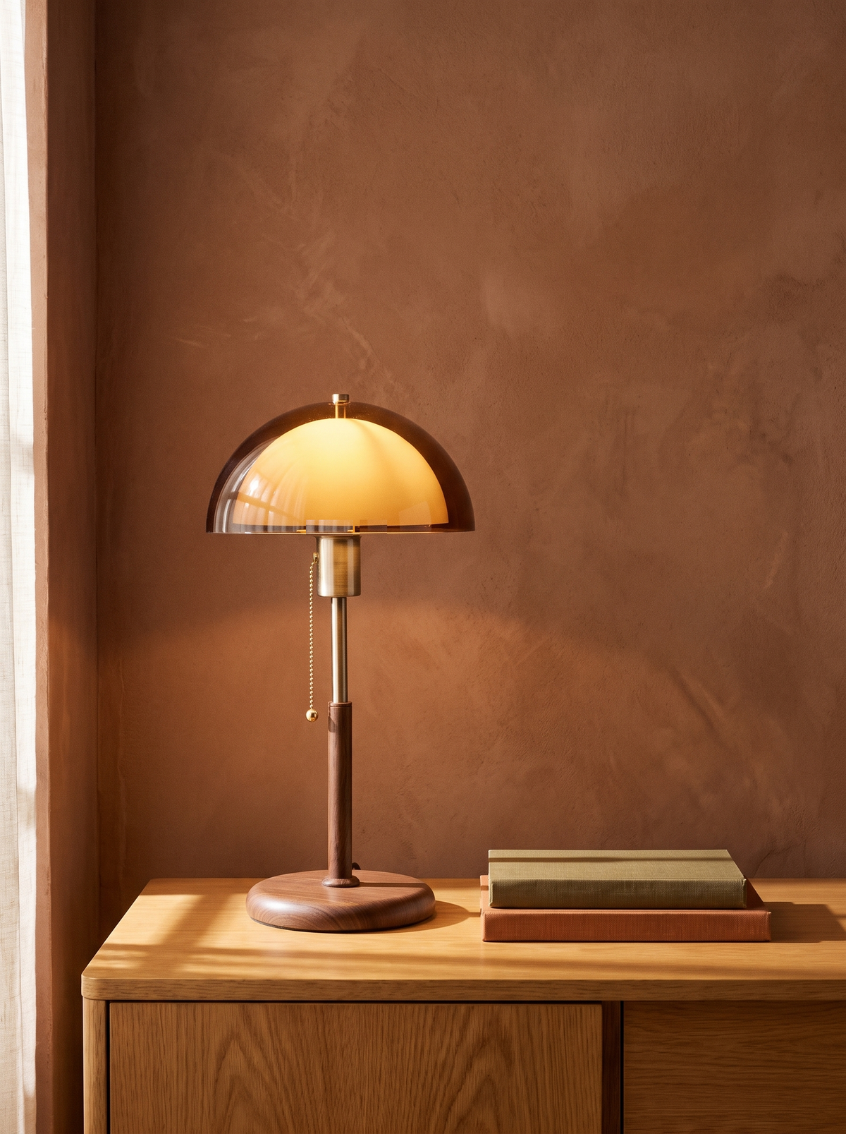 Cosima amber-glass dome table lamp on an oak console against a warm plaster wall