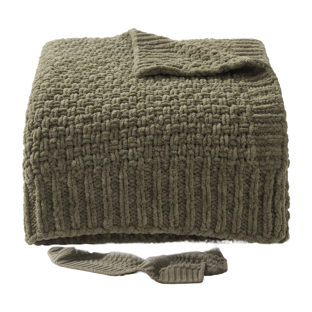 Fern olive chunky knit throw folded, studio on white
