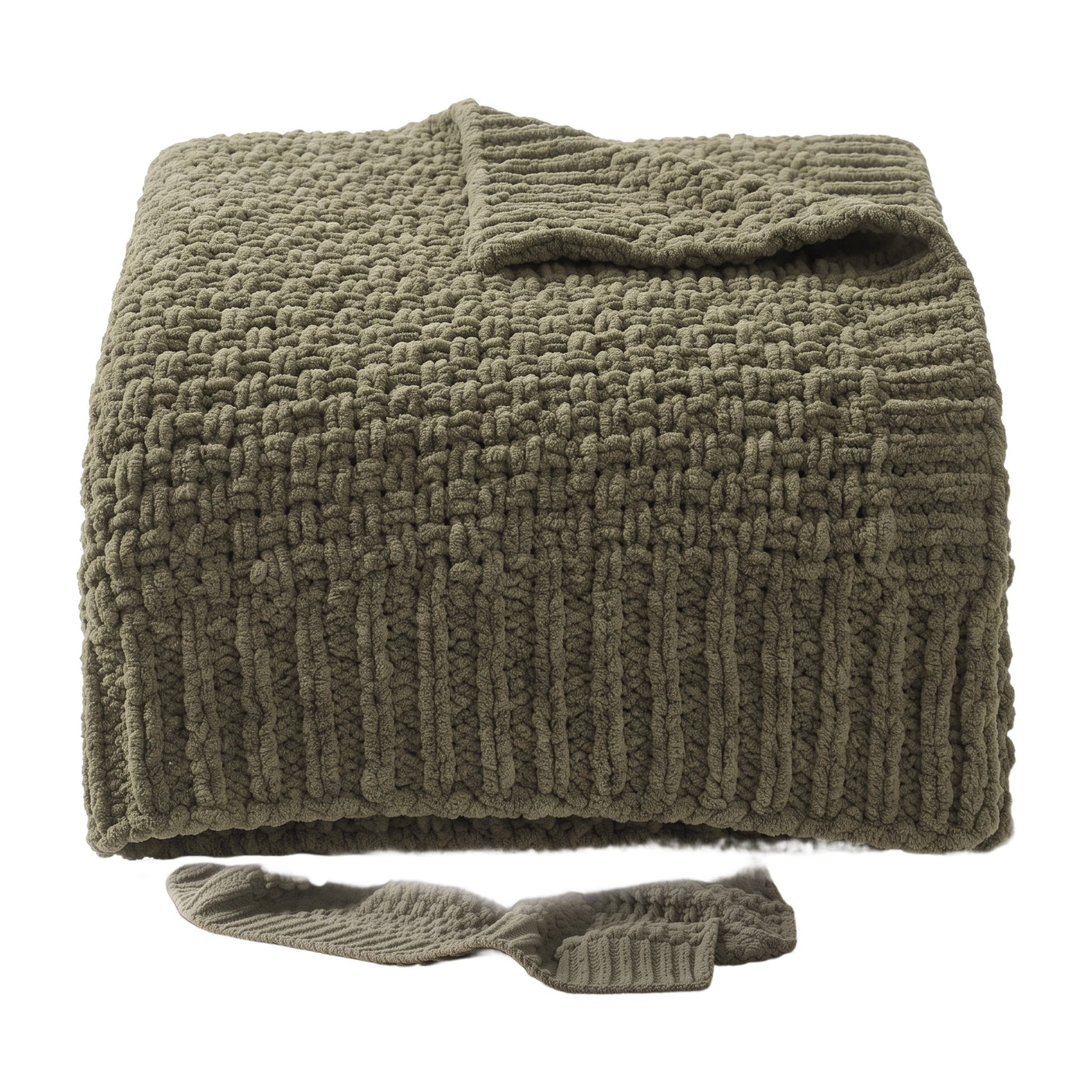 Fern olive chunky knit throw folded, studio on white
