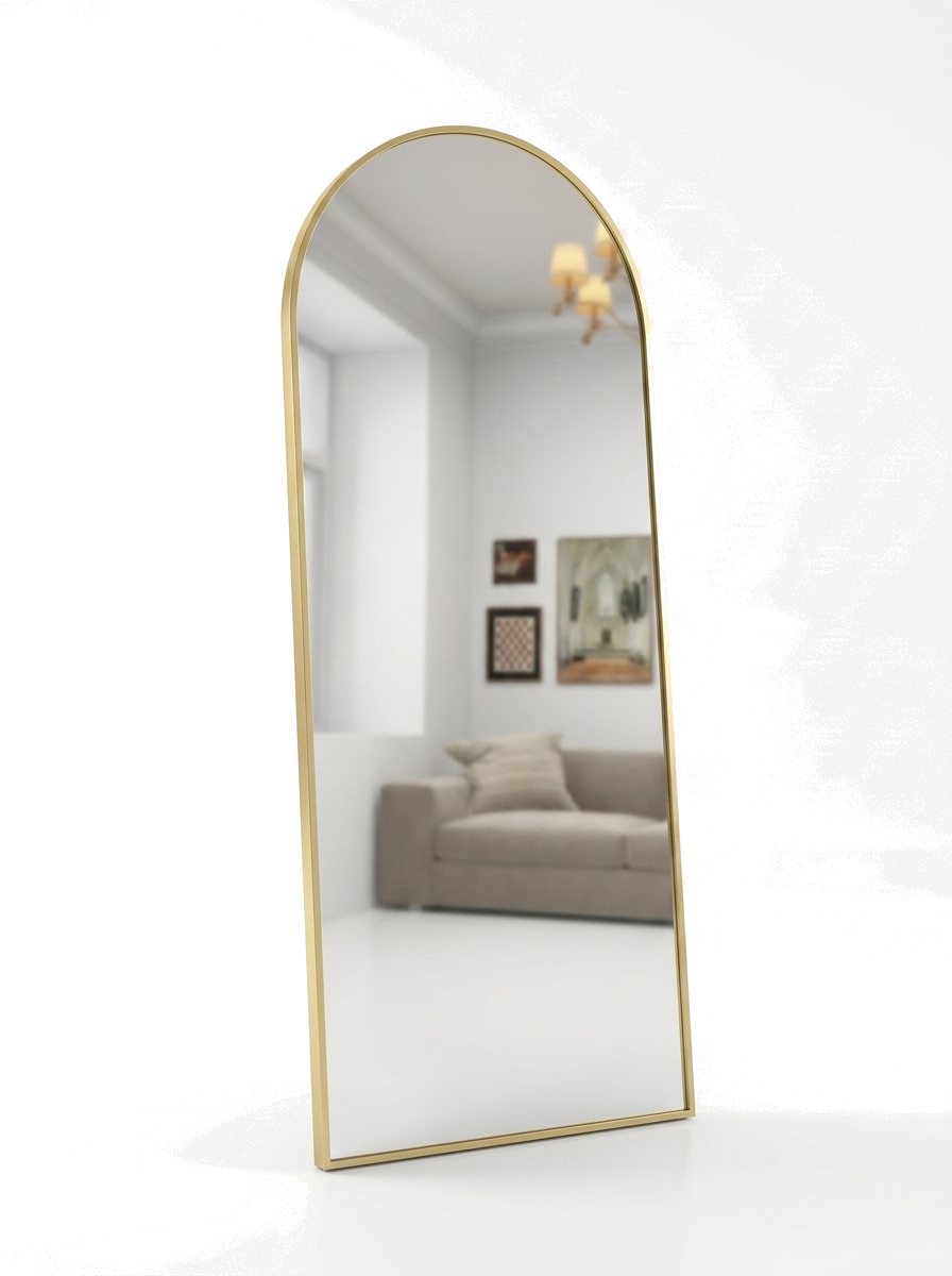Selene arched gold full-length floor mirror on white