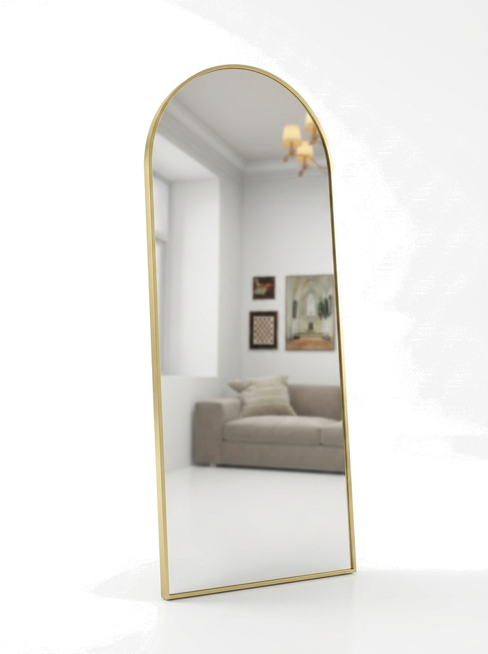 Selene arched gold full-length floor mirror on white