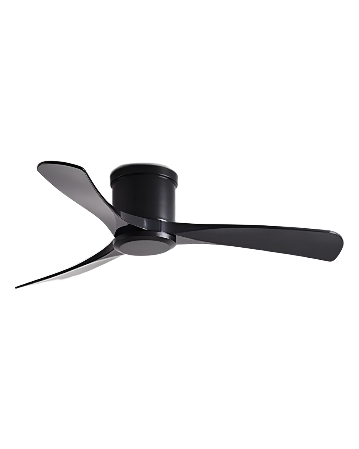 3-blade ceiling fan, all-black finish, studio on white