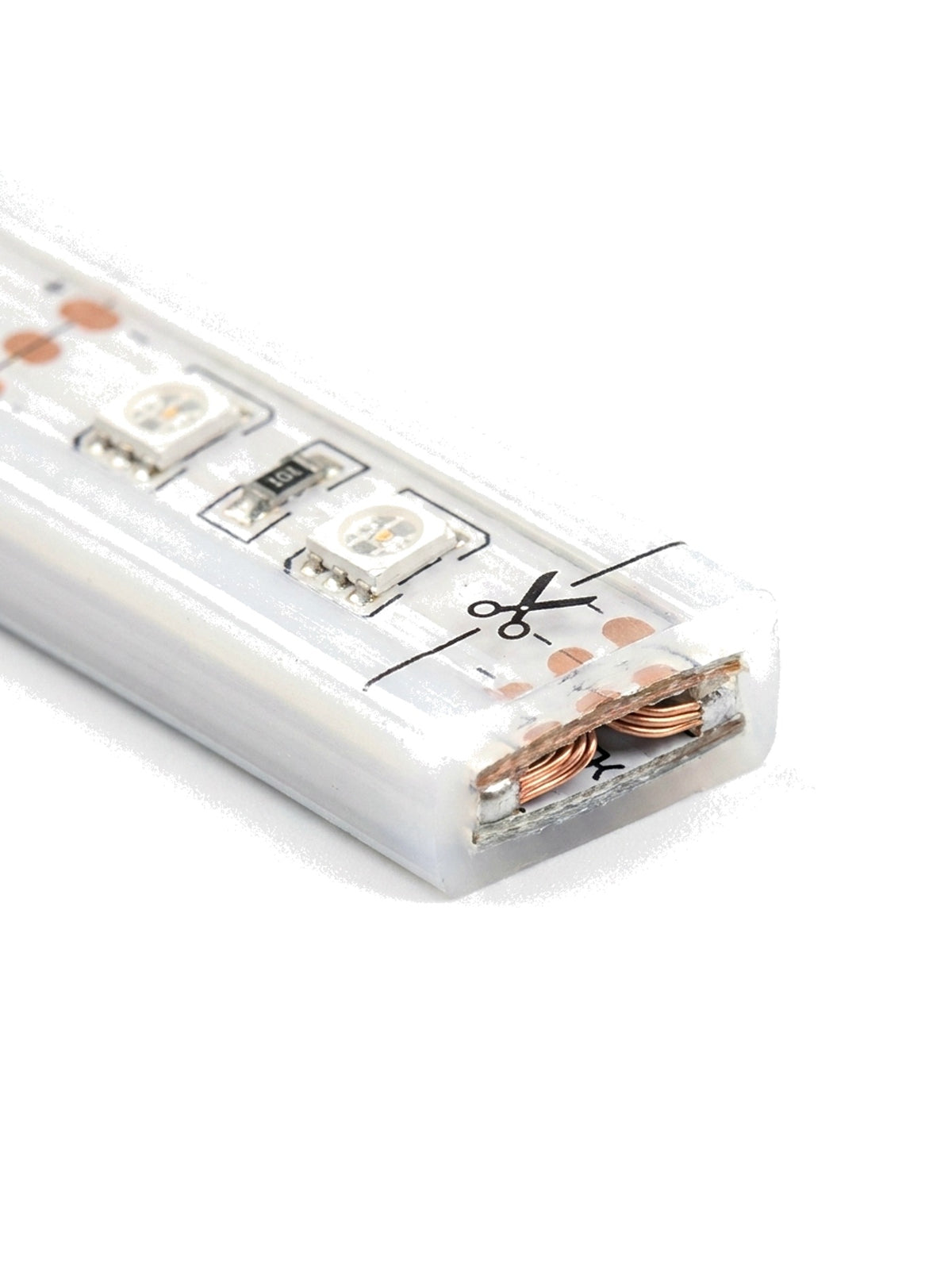 Filo cut end showing waterproof silicone profile and LED chips, close-up on white