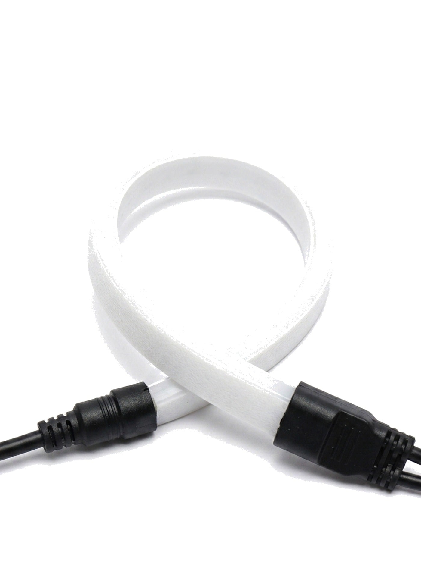 Filo strip bent around a tight radius with waterproof connector, close-up on white