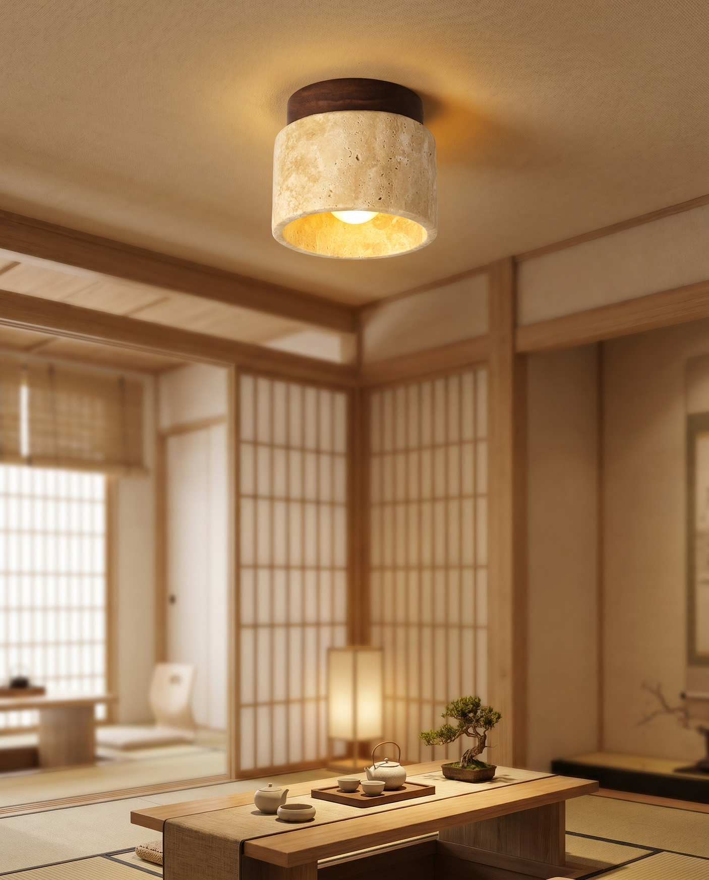 Japanese stone-wood LED ceiling light in living room, lifestyle
