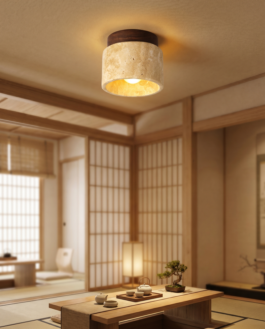 Japanese stone-wood LED ceiling light in living room, lifestyle