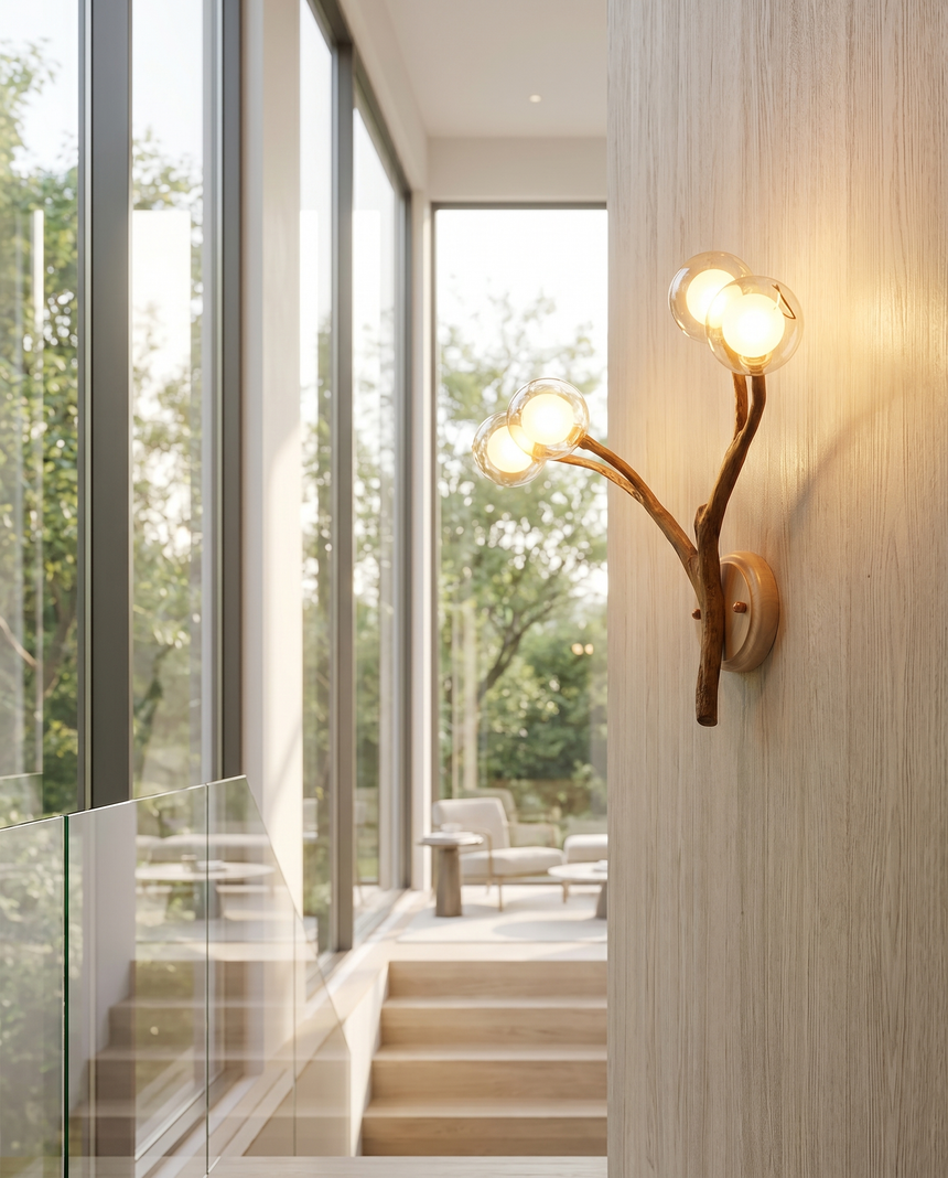 Nordic tree-branch bubble chandelier in stairwell, lifestyle
