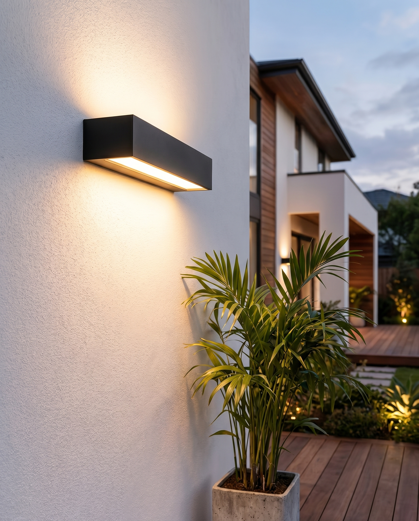 Outdoor LED wall light mounted on house wall at dusk, lifestyle