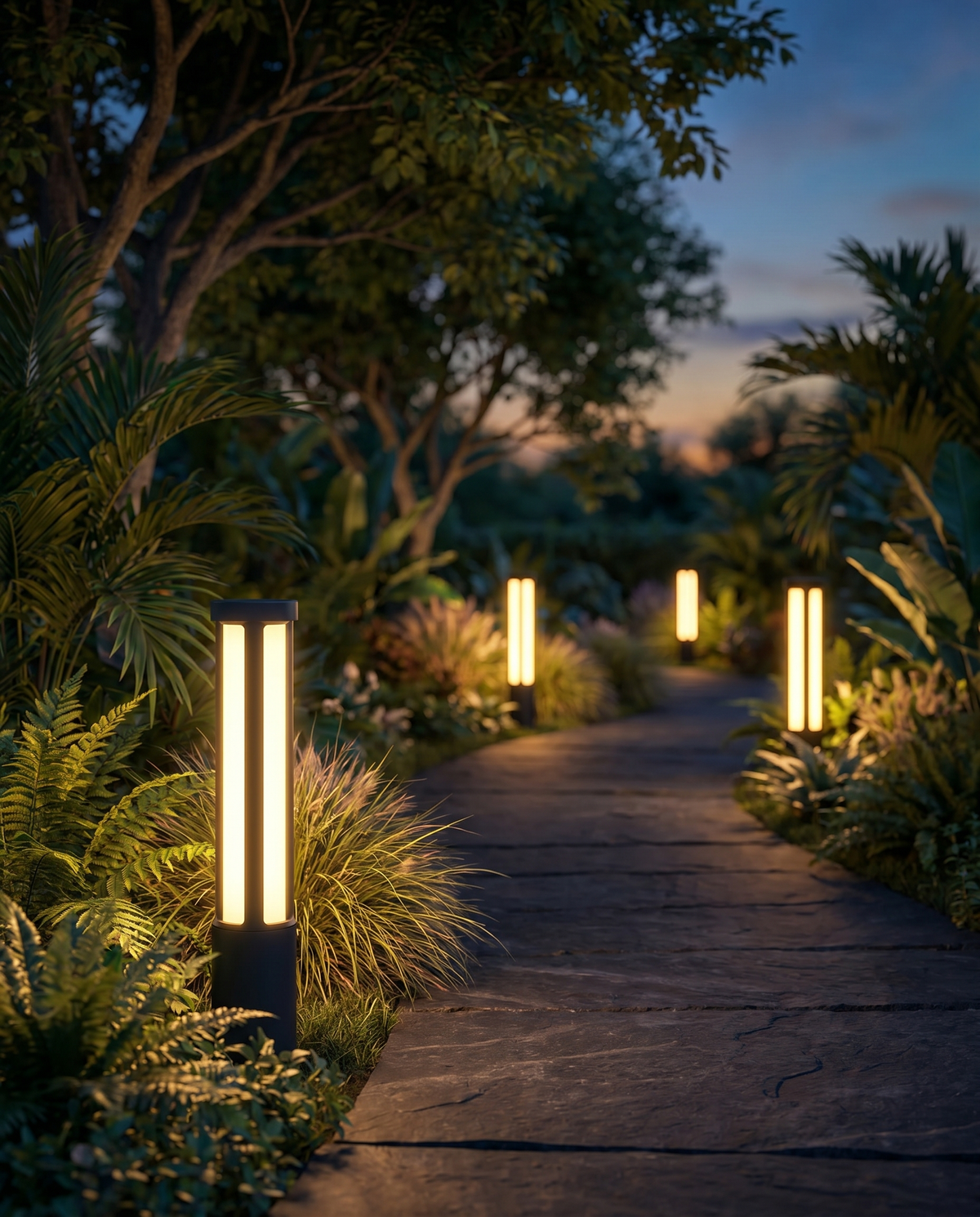 Cylindrical LED bollard lights along garden path, lifestyle