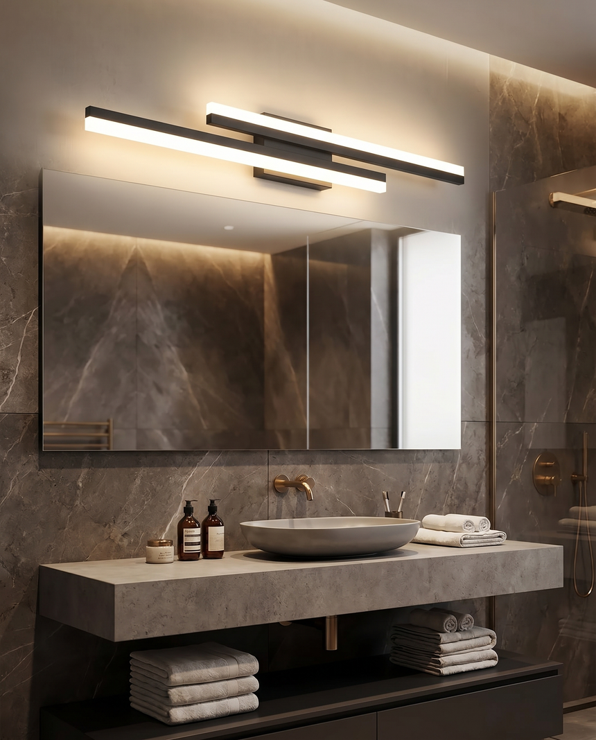 Asymmetric iron vanity light bar above mirror, lifestyle