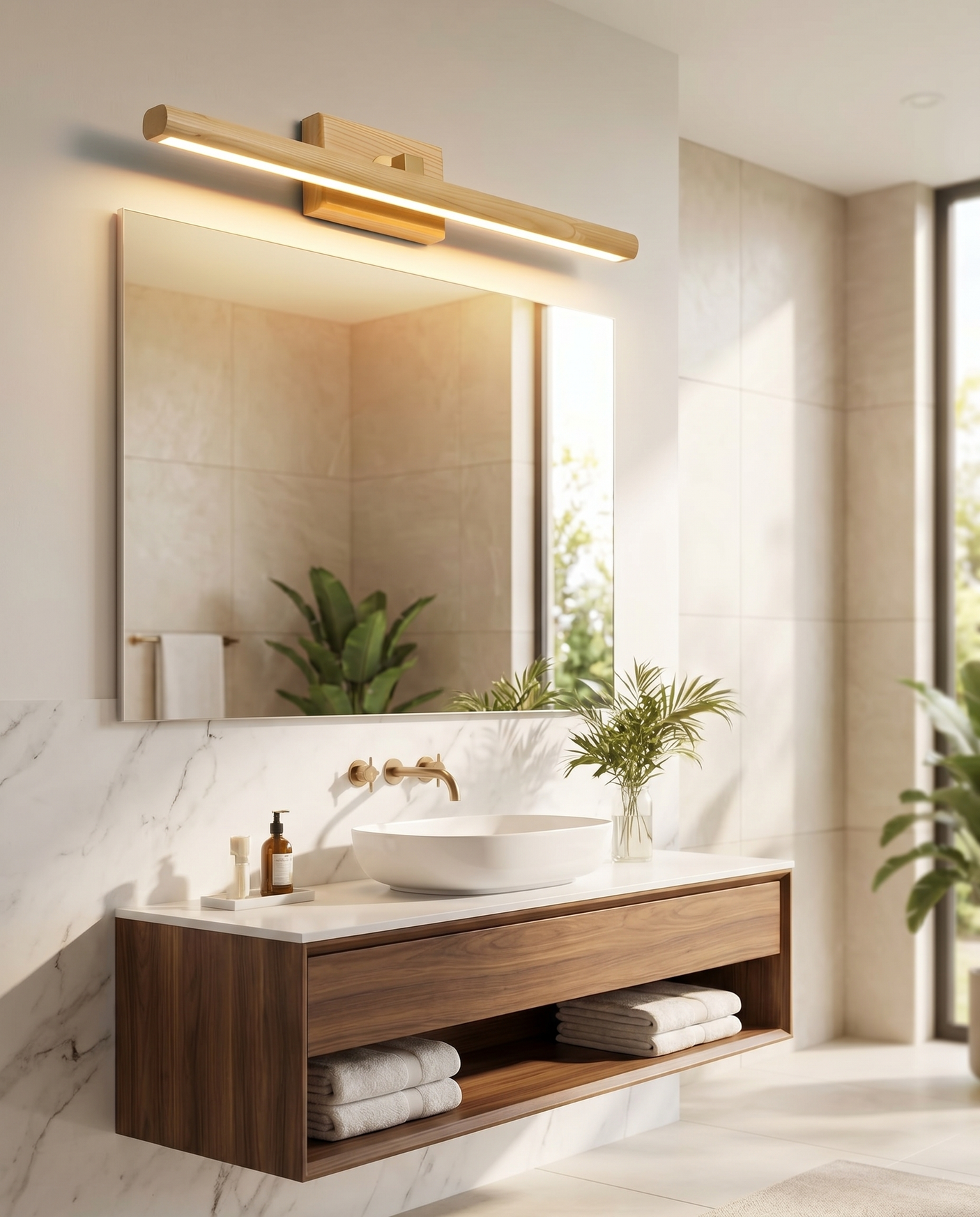 Rotatable wood LED vanity light above mirror, lifestyle