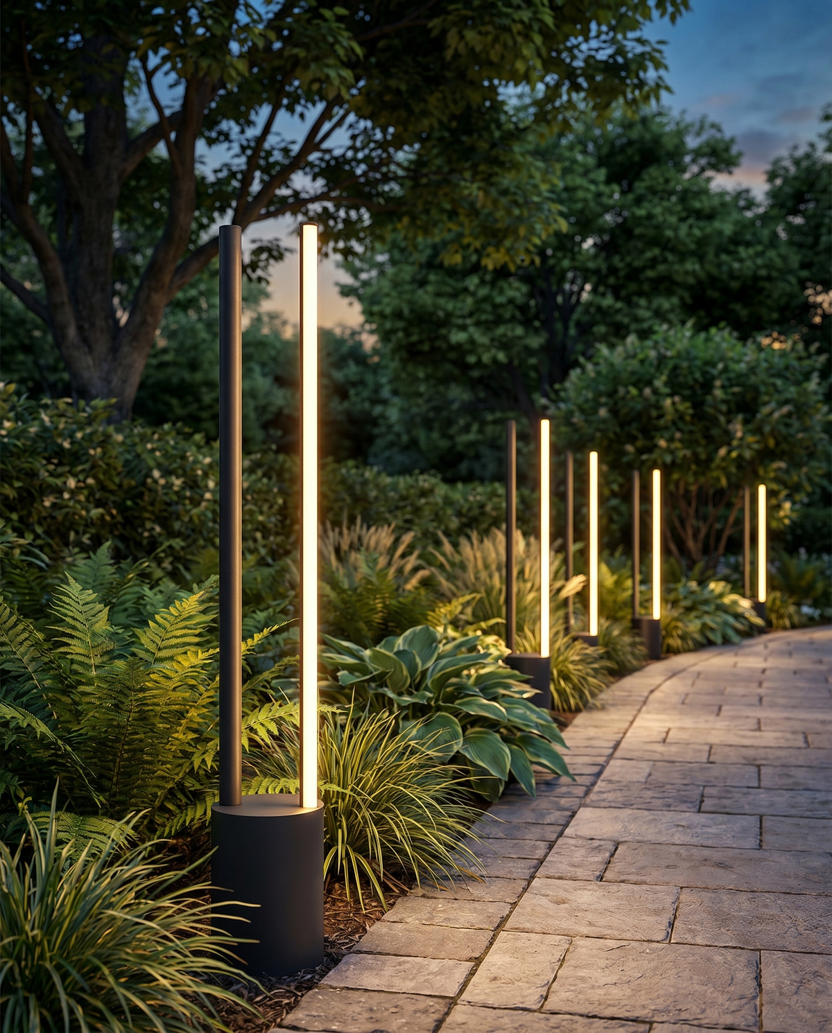 Modern pathway light along garden walkway at dusk, lifestyle