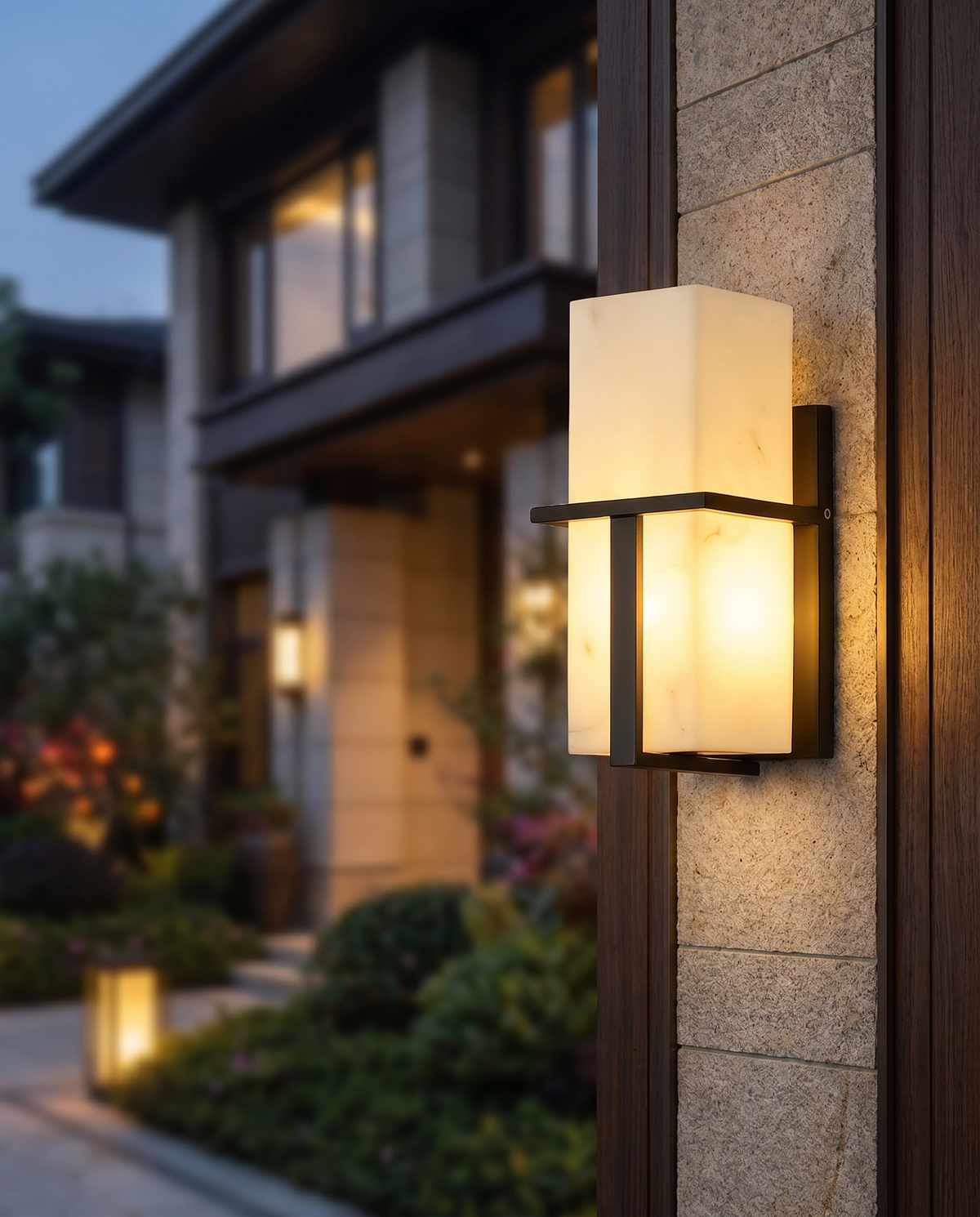 Sophisticated outdoor LED wall sconce at dusk, lifestyle