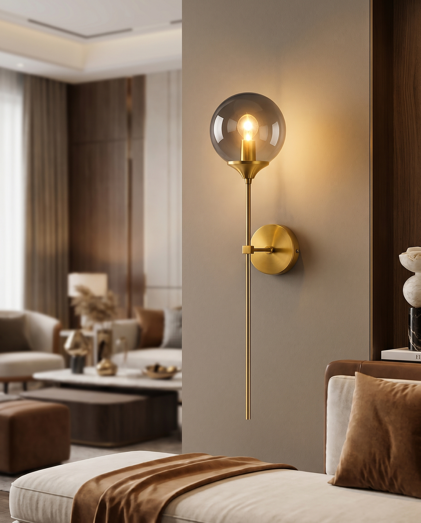 Glass wall sconce on contemporary interior wall, lifestyle
