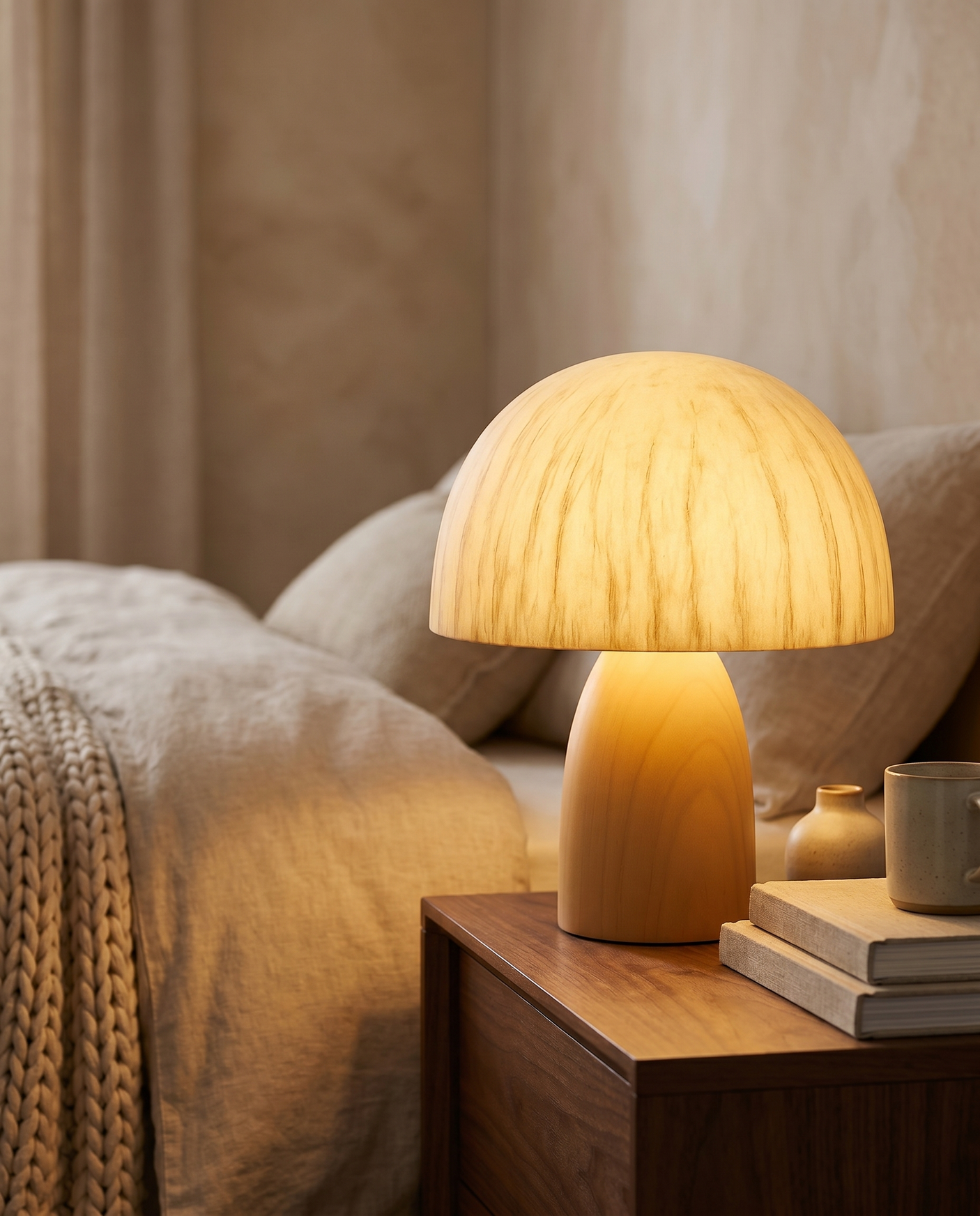 Minimalist wood table lamp on bedside table, lifestyle