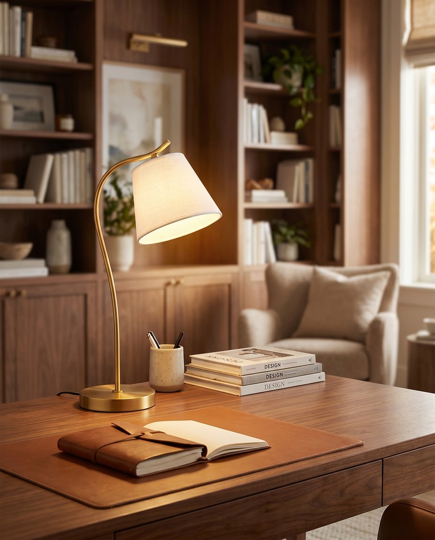 Gooseneck desk lamp on home office desk, lifestyle