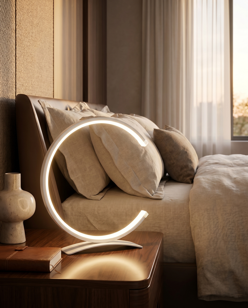 C-shaped table lamp on bedside table, lifestyle