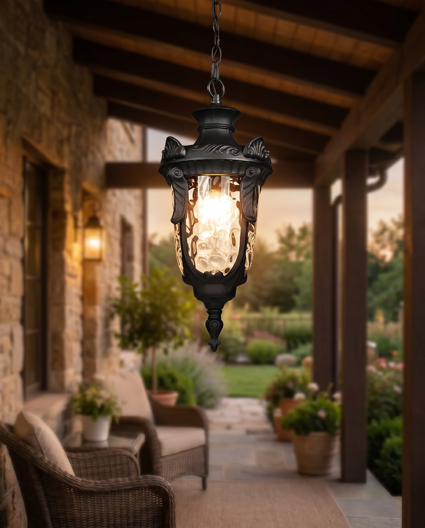 Rustic outdoor hanging lantern pendant on porch, lifestyle