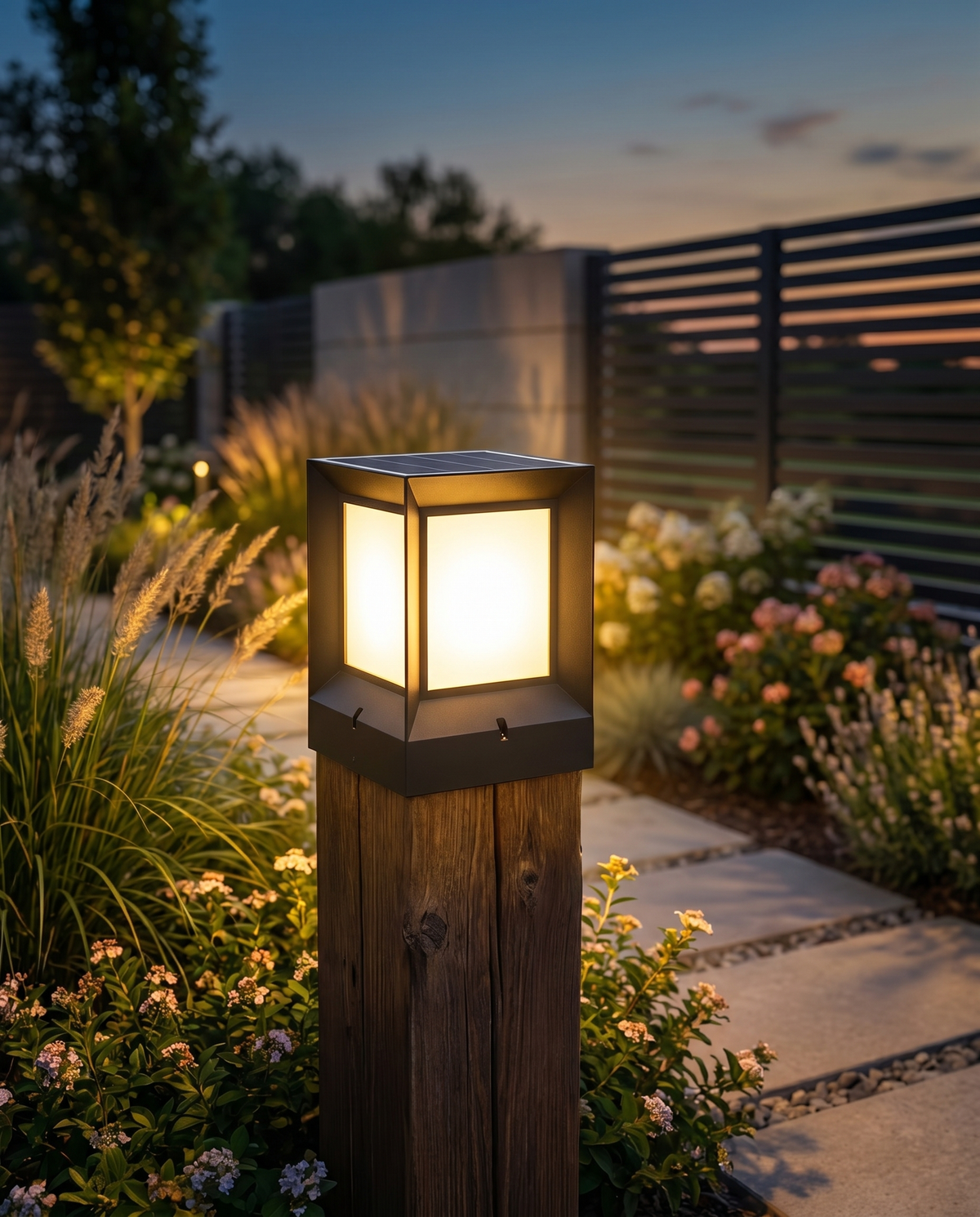 Square solar LED post light in garden at dusk, lifestyle