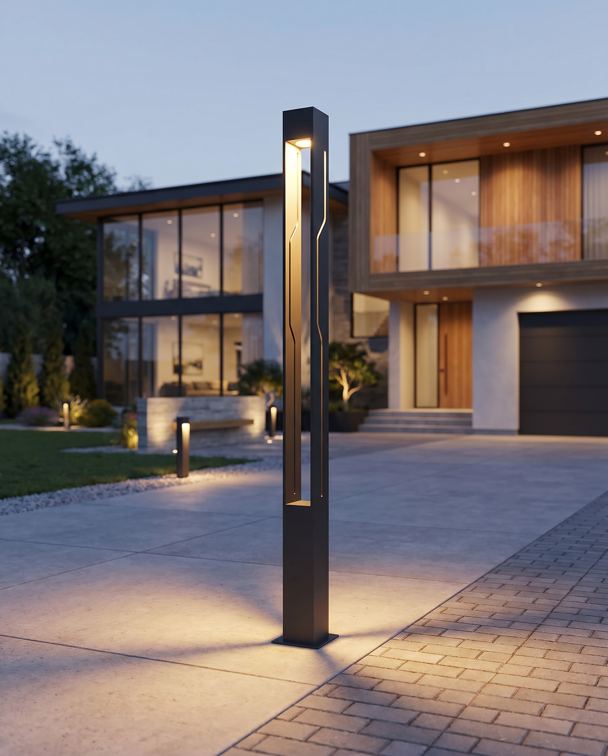 Ash-black rectangle LED pole light along driveway, lifestyle
