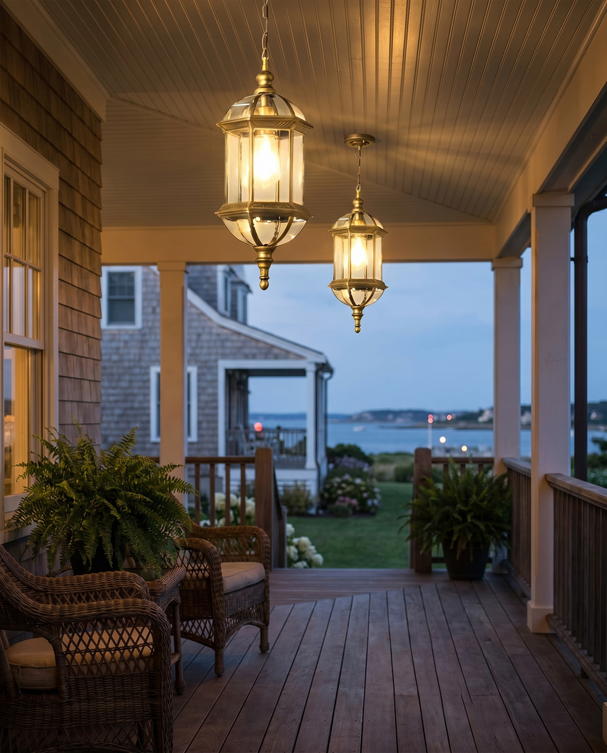 Rustic cylinder outdoor lantern pendant on porch, lifestyle