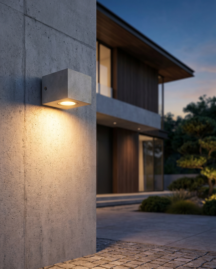 Concrete LED porch light on exterior wall, lifestyle