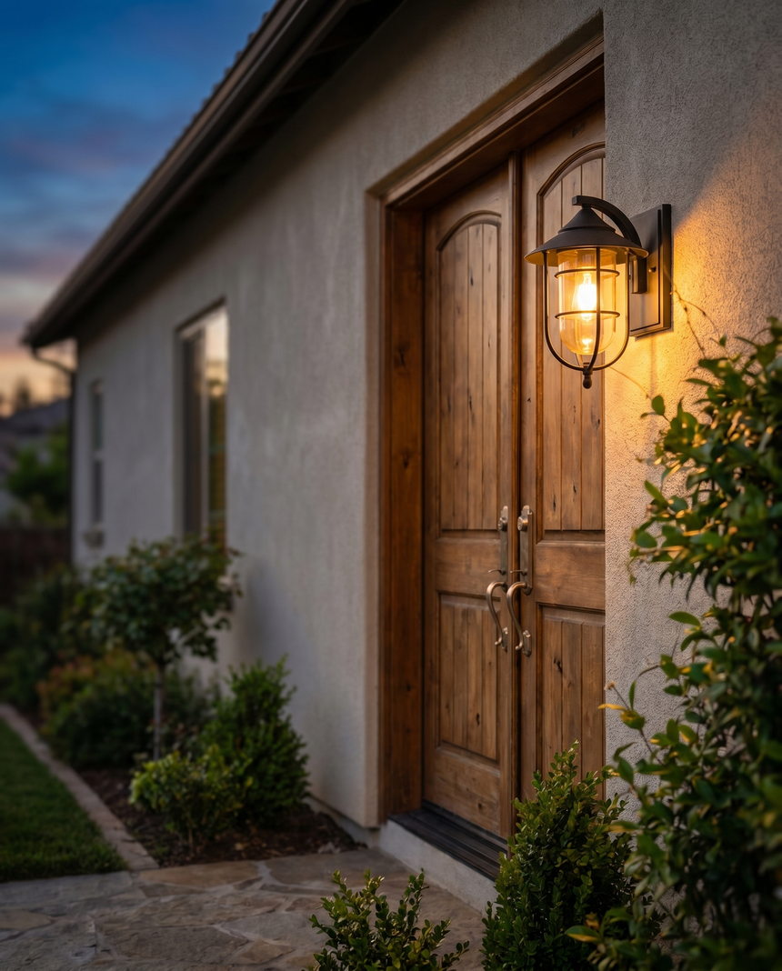Birdcage outdoor porch wall light beside entrance, lifestyle