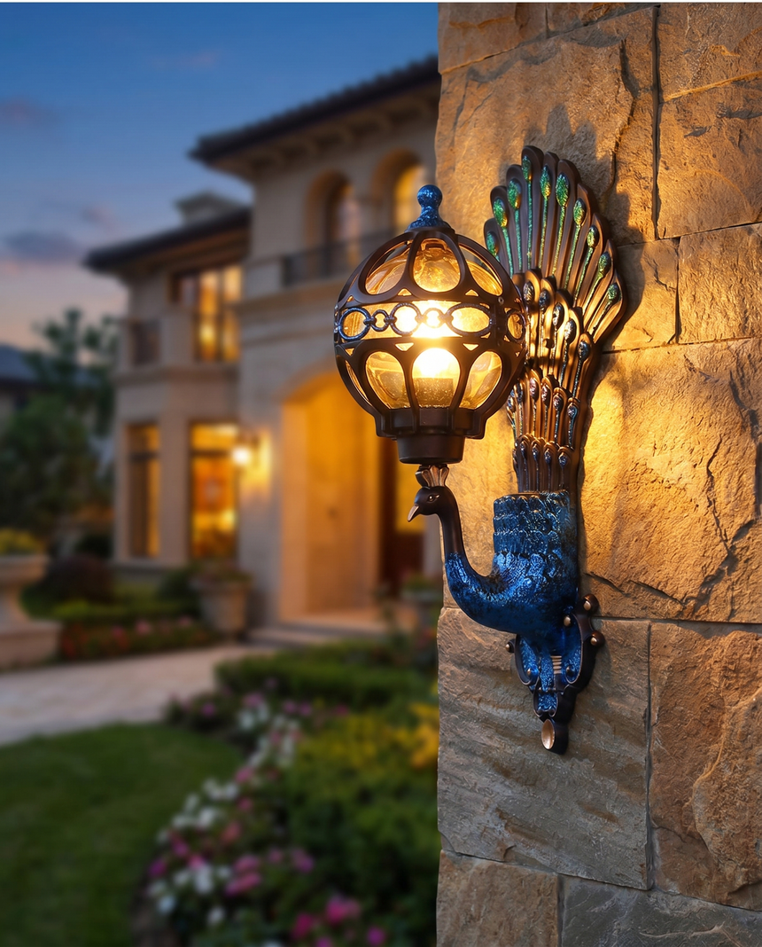 Elegant Peacock Wall Sconce | Vintage Aluminum Outdoor Wall Light with IP55 Rating for Weather-Resistant Ambiance