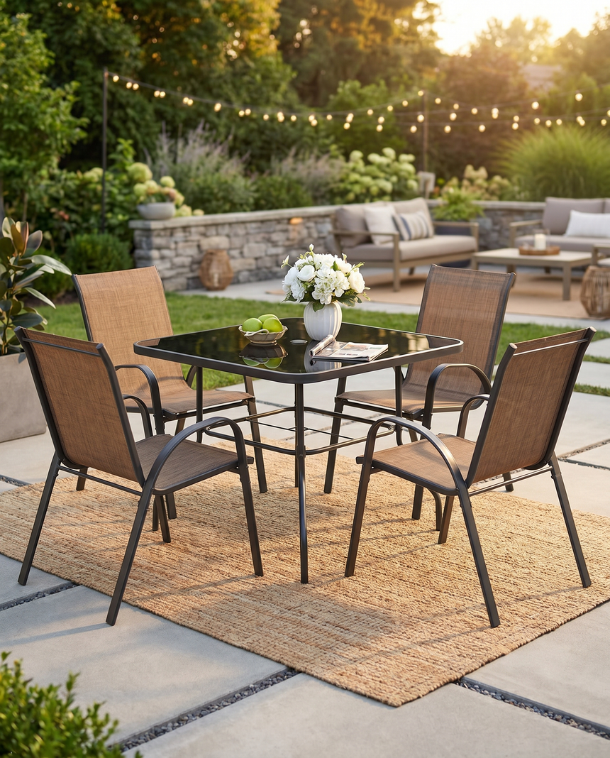 Elegant 5-Piece Outdoor Dining Set with Stackable Textilene Chairs | Durable Patio Table and Chairs for Comfortable Gatherings