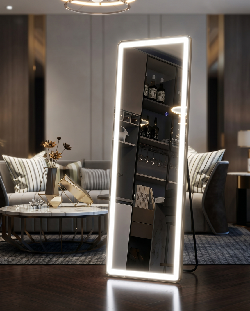 Full length floor mirror with dimmable LED lights, front view