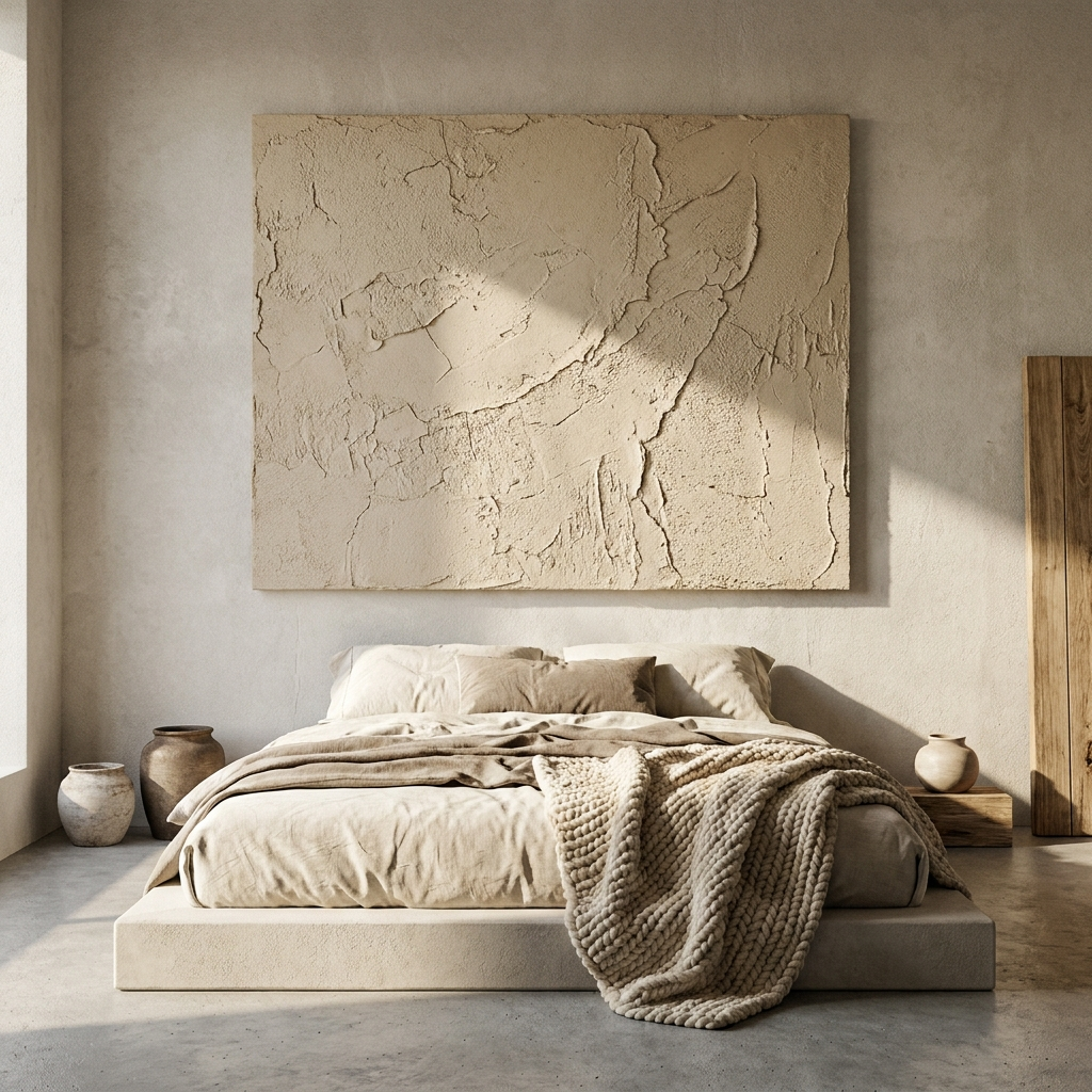 Morning light raking across impasto canvas texture, bedroom setting
