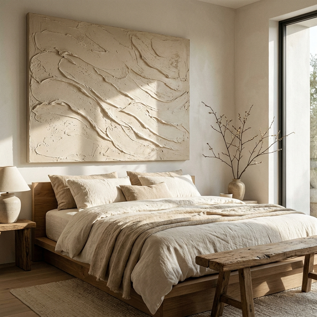 Wabi sabi textured canvas above a platform bed in Japandi bedroom