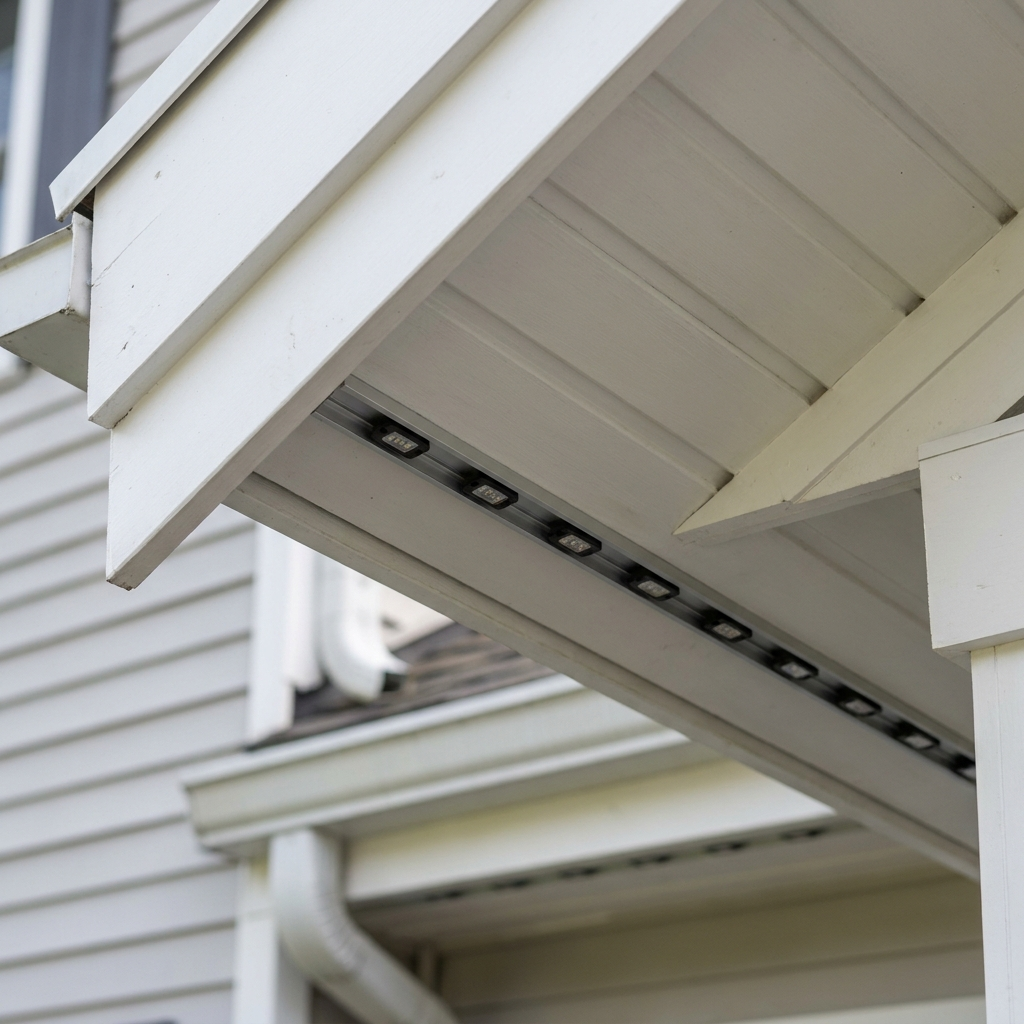 Low-profile eave light track under white soffit, daylight detail