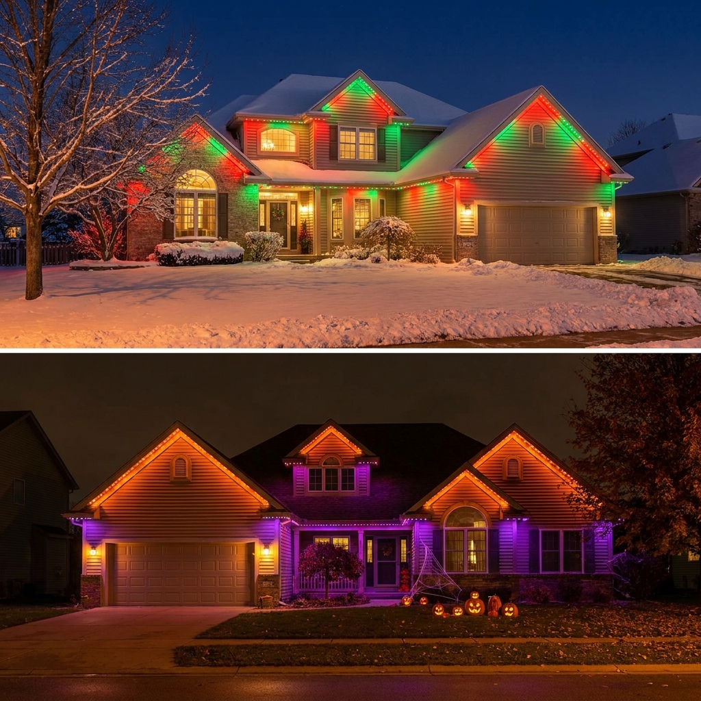 Colorful holiday scene modes along the roofline