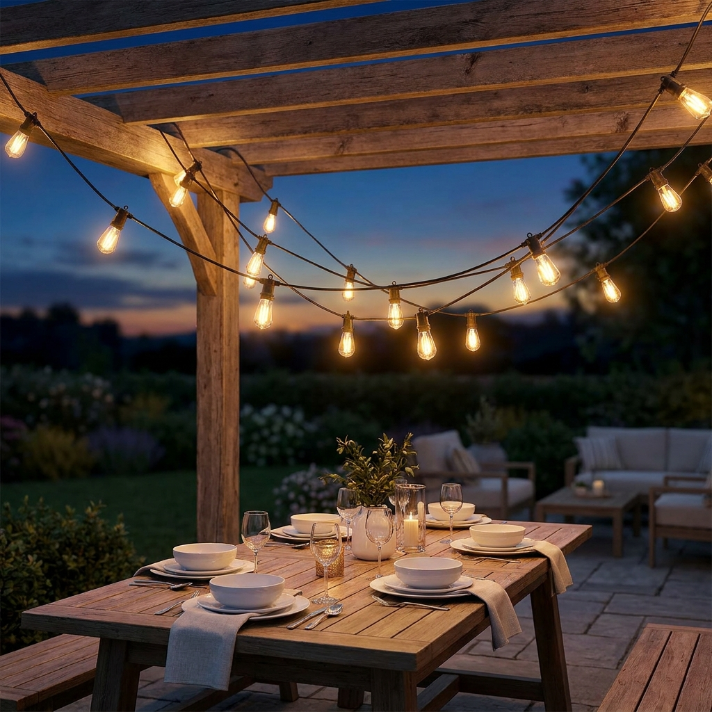 Edison bulb outdoor string lights strung over a backyard patio dining table at dusk